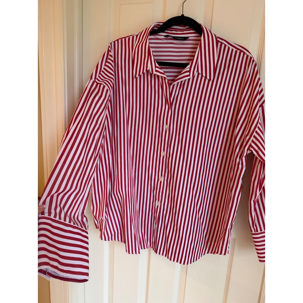 Zara Womens XXL NWOT Red White Striped Button Down Shirt Long Sleeve Blouse - Picture 5 of 8